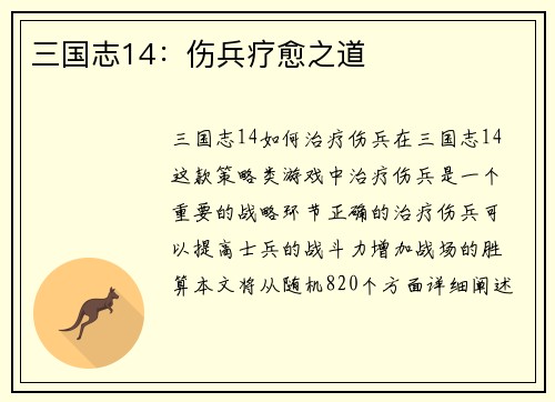 三国志14：伤兵疗愈之道